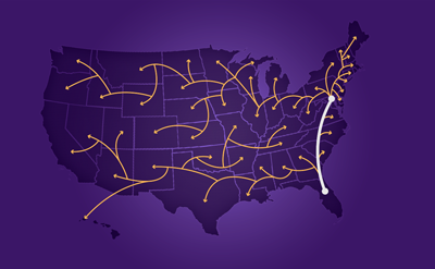 Map of the United States with moves 1st Class has serviced